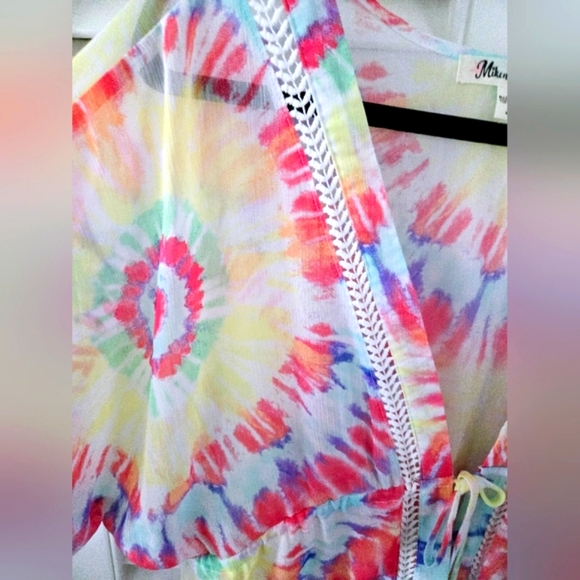Miken Swim Tie Dye Lace Trim Tie Front Coverup Kimono - Picture 6 of 12
